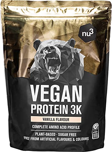 Vegan Protein 3K Shake - 1 kg Vanille Flavor - Pflanzliches Proteinpulver mit Reisproteinpulver, Sonnenblumen-, Erbsen- & Johannisbrotprotein - Mehrkomponenten Eiweisspulver mit 72% Eiweiss - nu3